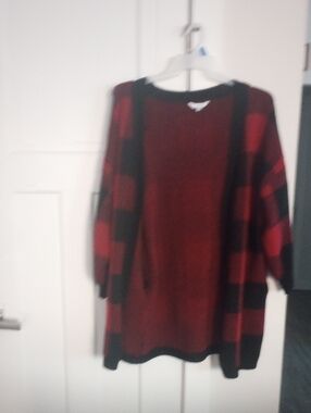 Time and Tru Red and Black Striped Open-Front Cardigan Sweater